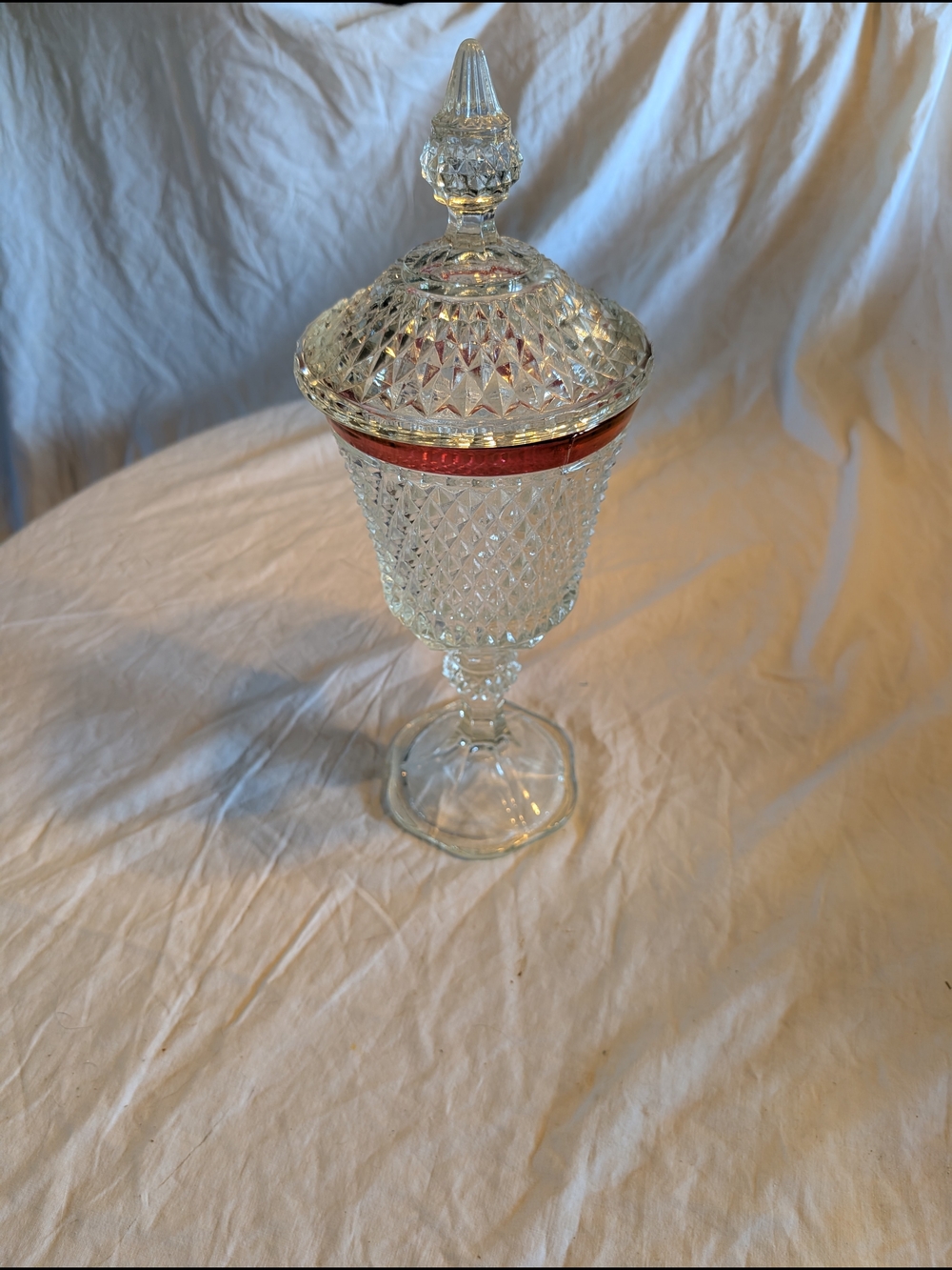 2/100$ Cut Glass Covered Candy Dish with Red Accent